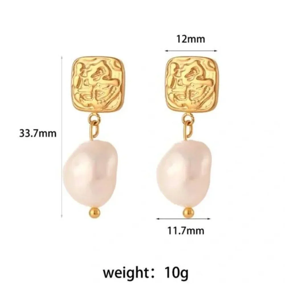 Gold Square Stud Fresh Water Pearl Drop Earrings, NICE EARRINGS, CUTE EARRINGS - Picture 7 of 7